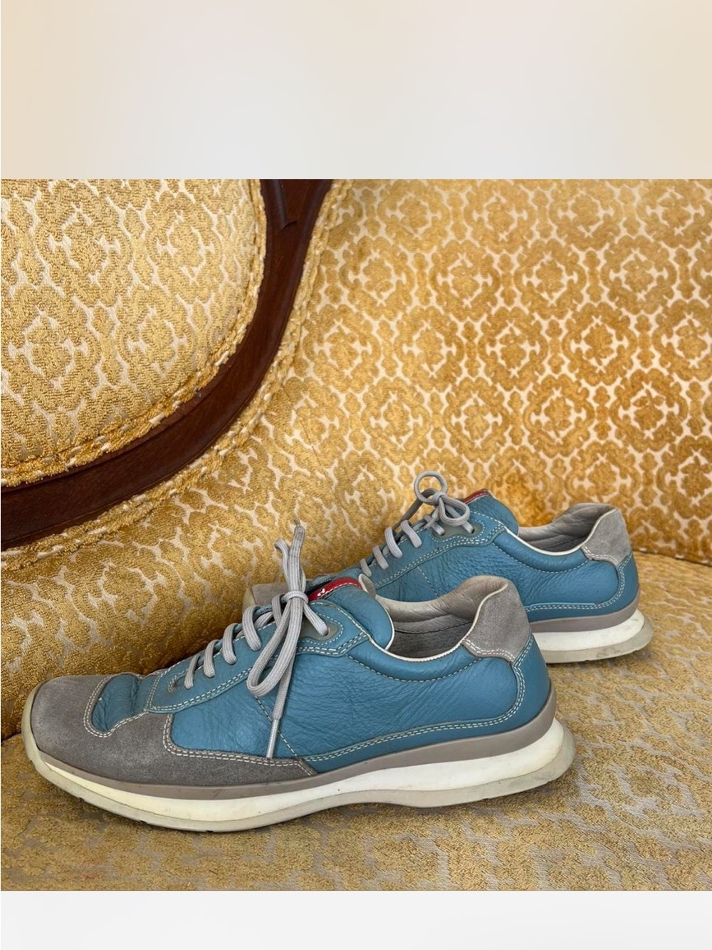 Prada Teal & Gray Leather Lace-Up Sneakers with Red Tongue Stripe - Picture 5 of 8